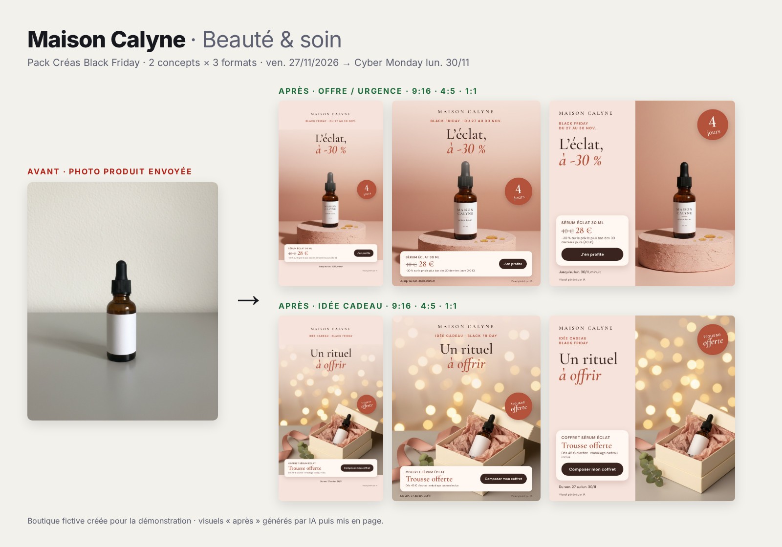 Photo produit d'un sérum, puis les créas Black Friday en formats story, portrait et carré